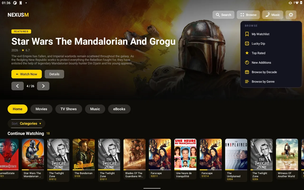 NexusM auf Google TV: Startbildschirm mit großem Hintergrundbild