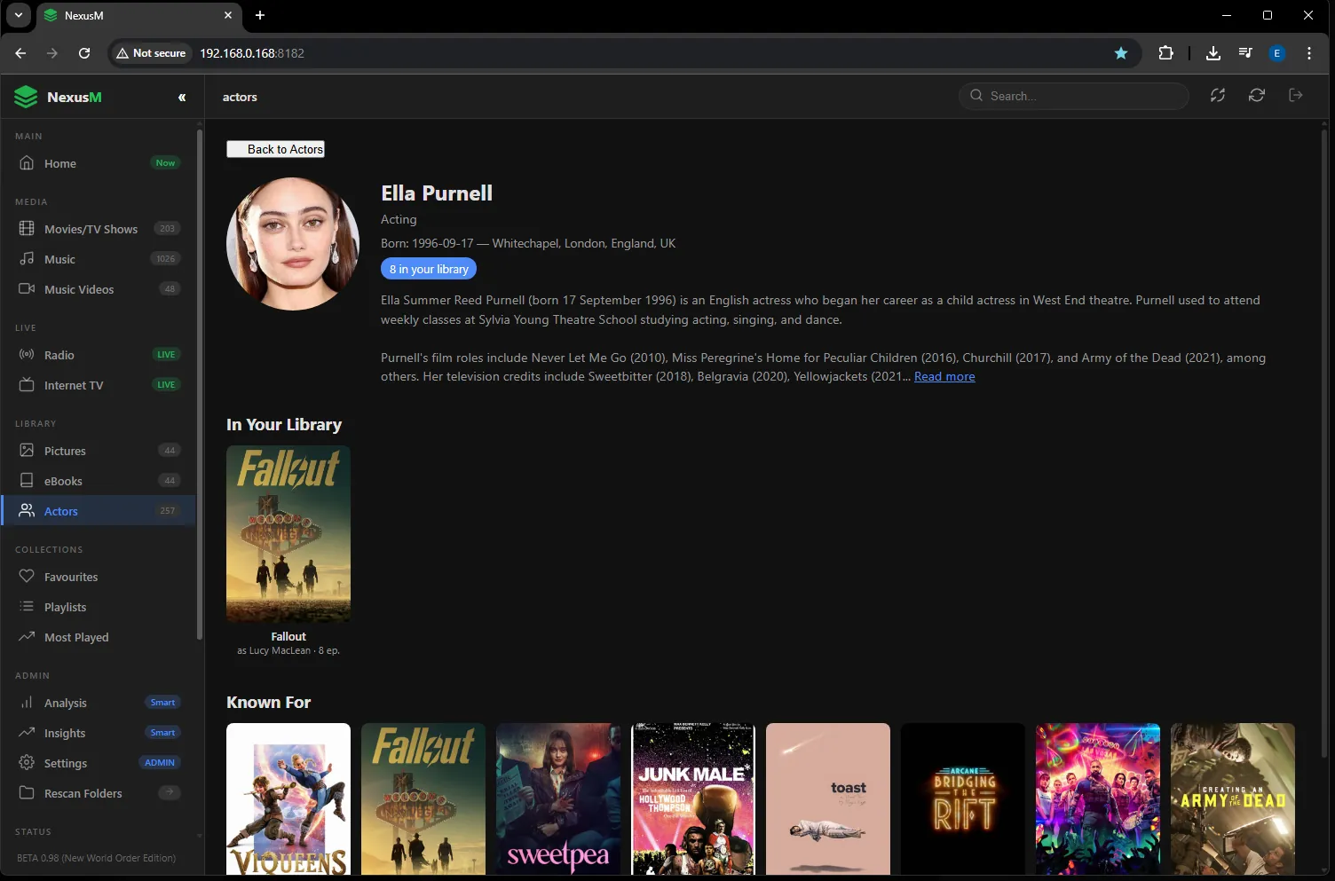 NexusM actor profile page with biography and filmography