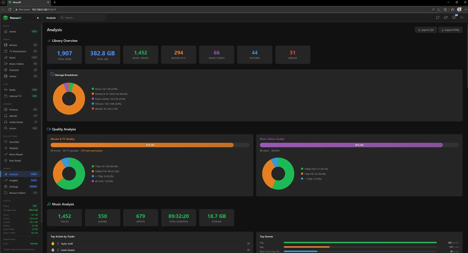 NexusM library analysis with storage and quality breakdown