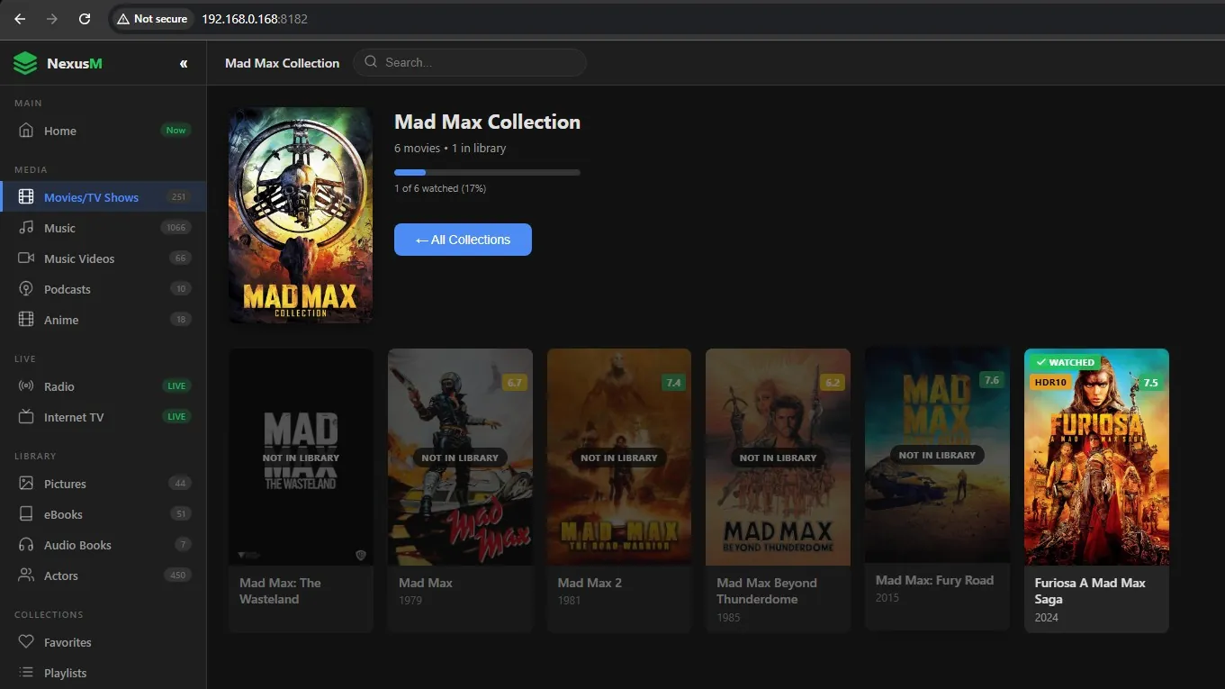 NexusM movie franchises and collections view