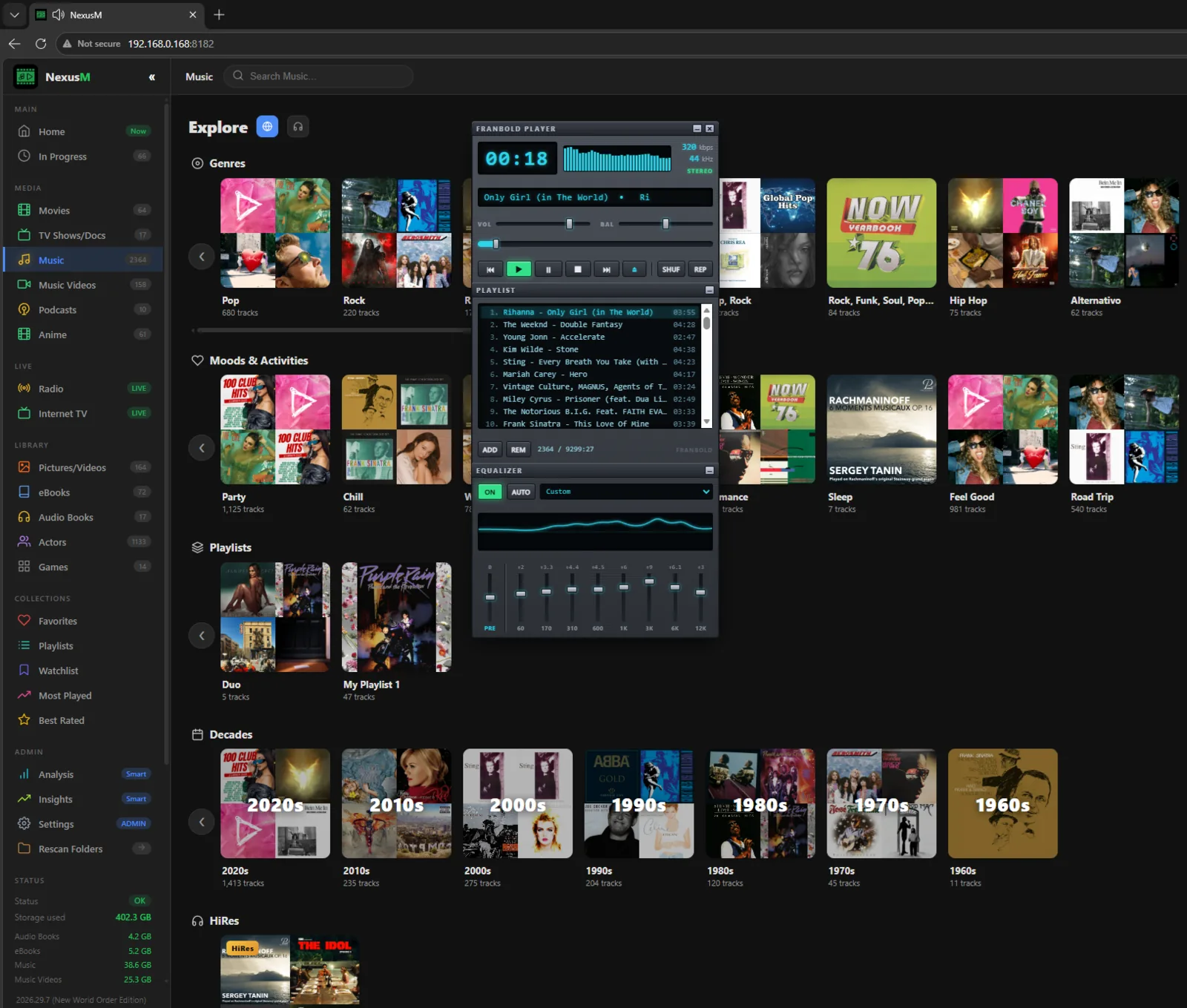 NexusMの音楽ライブラリ上に表示されるFranBold Player。プレイリストとグラフィックイコライザーを表示