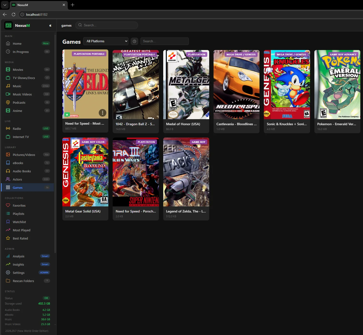 プラットフォーム別にまとめられたレトロタイトルを表示するNexusMのゲームライブラリ