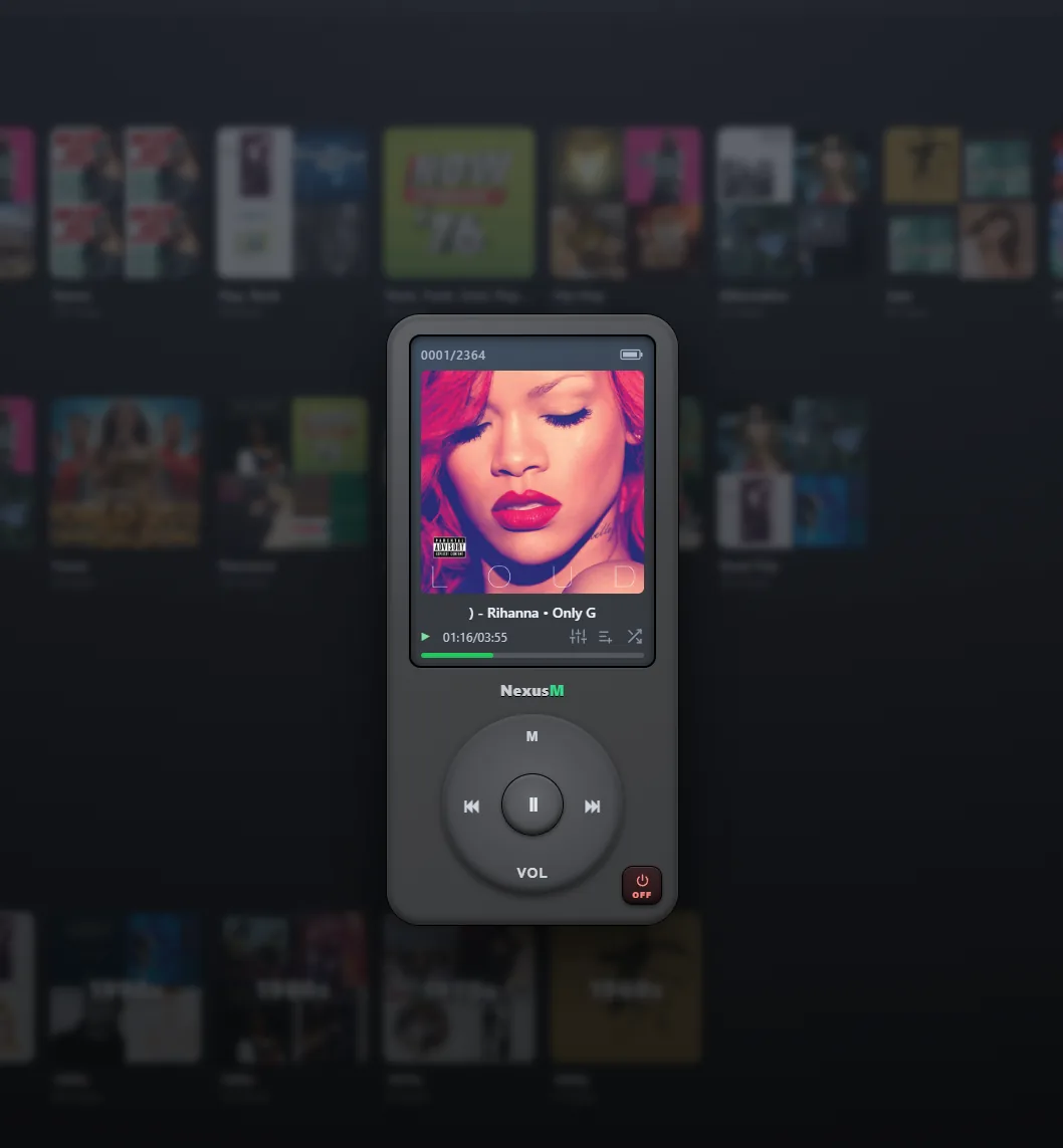 NexusMの音楽ライブラリに重ねて表示されるPocket Playerミニ音楽プレイヤー