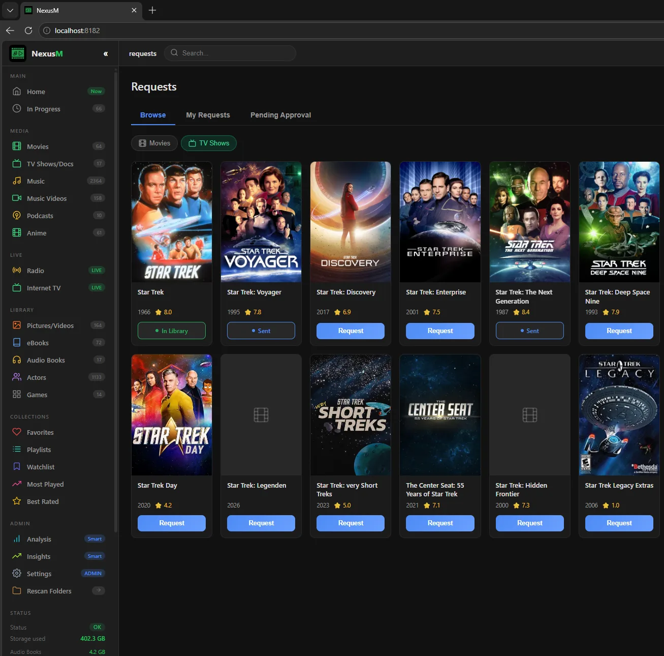 リクエスト可能な映画・TV番組を表示するNexusMのリクエストページ